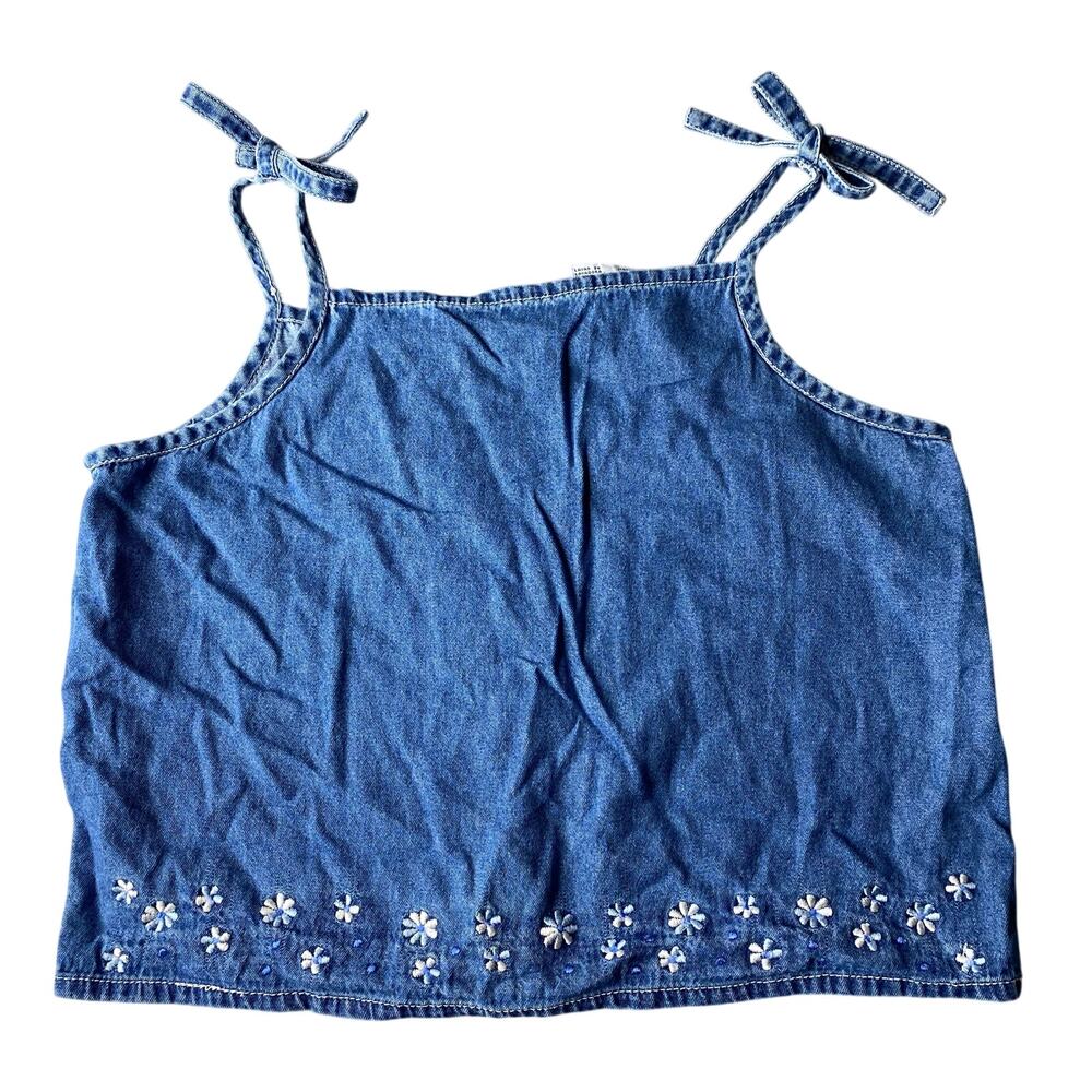 Vintage Kids Y2K Embroidered Flowers Denim Cropped Shirt Girls XL 12/14